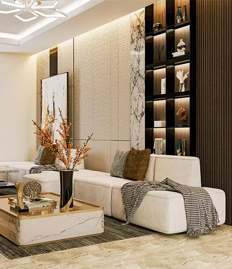 Elegant living room designed by Excess interior designer in Bangalore.